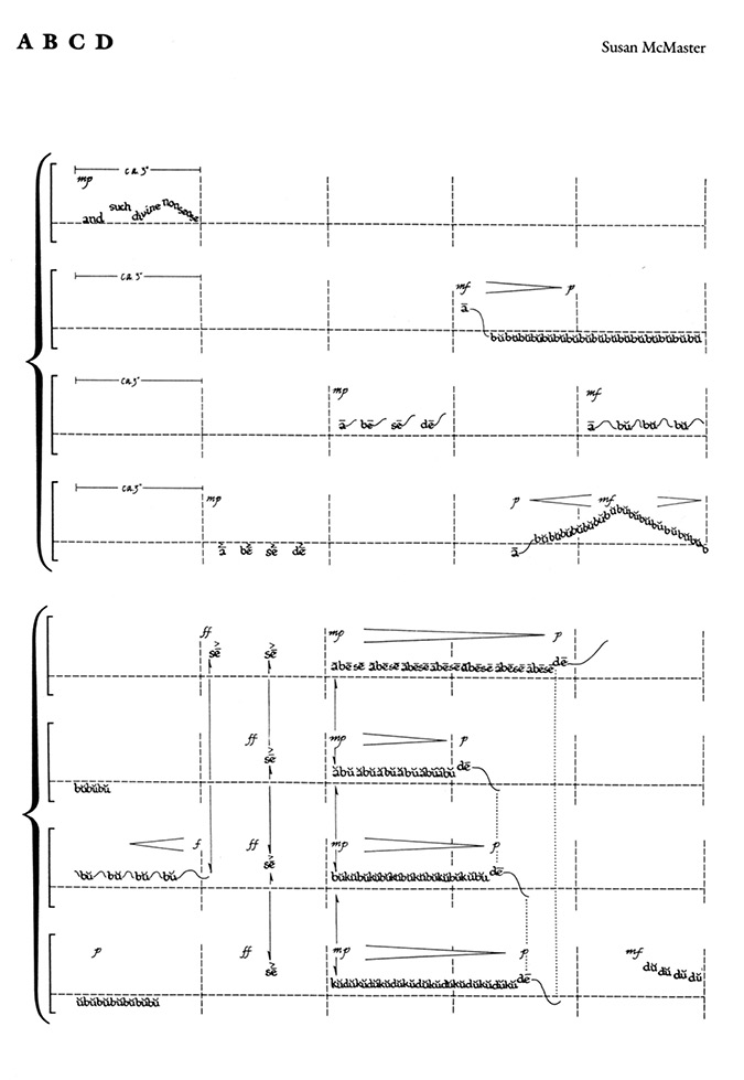 Black and white page scan” The first of two excerpts of score for the sound poem “ABCD” showing a musical staff with words and word fragments and marks that indicate volume, repetition, and pacing.