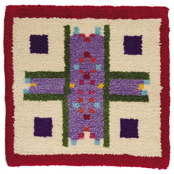 An off-white square rug outlined in red with a thick purple line down the middle and a small across the center. This line is outlined in green and has turquoise, orange, red, and dark red squares in a pattern throughout. There are dark purple squares in each middle corner area.