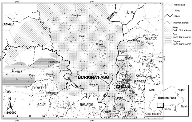 Map of Earth Shrine Areas in southwestern Burkina Faso and northwestern Ghana.