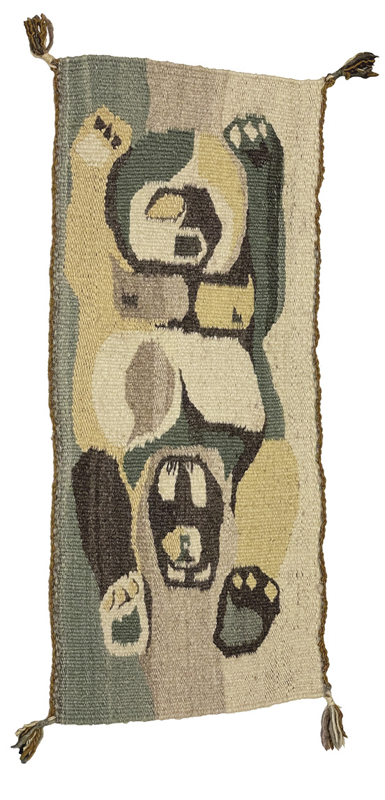 Photo: vertical run with tufts on all four corners. In organic shades of green, tan, off-white, and yellow, an abstract person with hands raised and legs wide births a much smaller person.