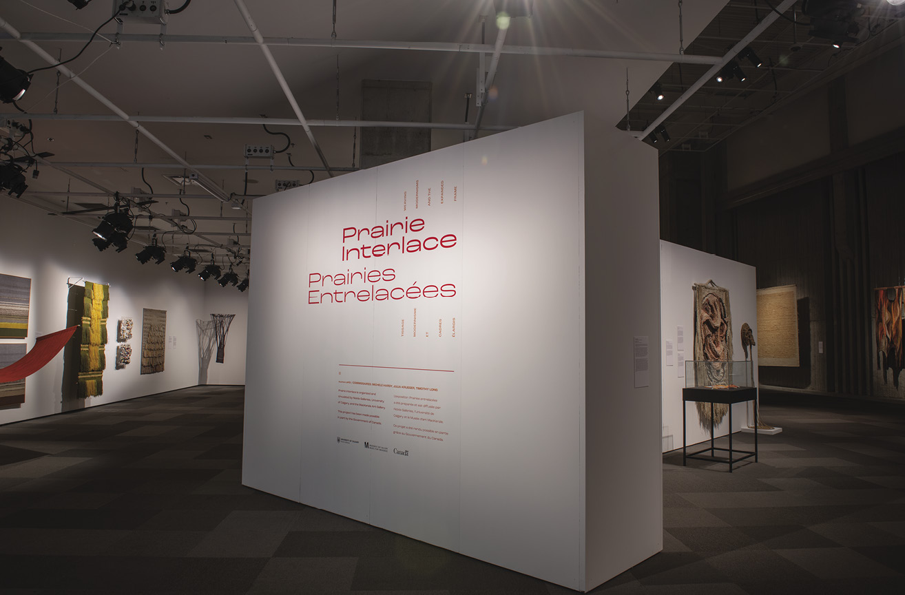 Photo: dark gallery with installation spotlights on various pieces. The walls are white and have artwork and labels hanging from and attached to the walls. The center wall had the name of the installation on it. 