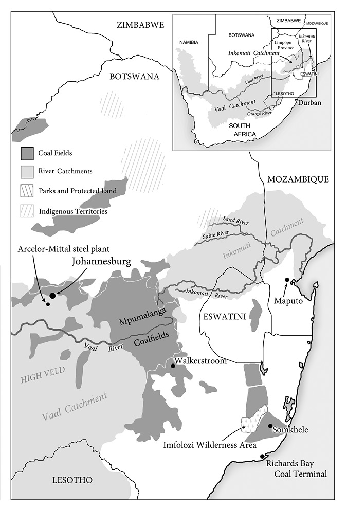 Black and white map: Map of the north eastern corner of South Africa.