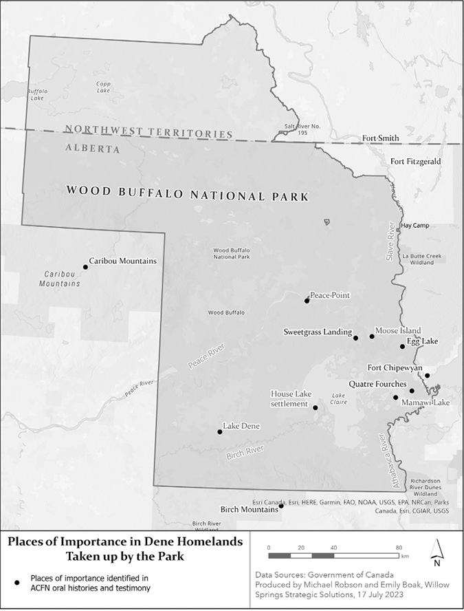 Black and white map: Map of places of cultural importance taken up by the Wood Buffalo National Park.