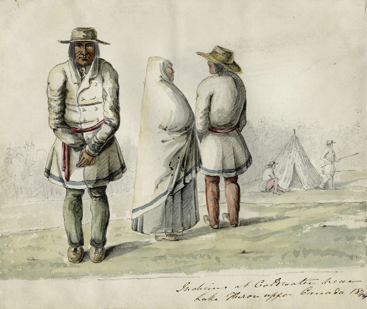Colour drawing. Watercolour of several Indigenous people. In the foreground, a man stands facing forward, wearing a white coat with blue edging, a red sash, and a broad brimmed hat. He has long black hair. A couple stand behind him facing away, a woman wearing a white shawl with blue edging over her head and body, covering most of her blue-grey dress, and a man wearing a white coat, red sash, broad brimmed hat and red leggings. There is a conical tipi in the far distance, with a person sitting and one standing beside it.