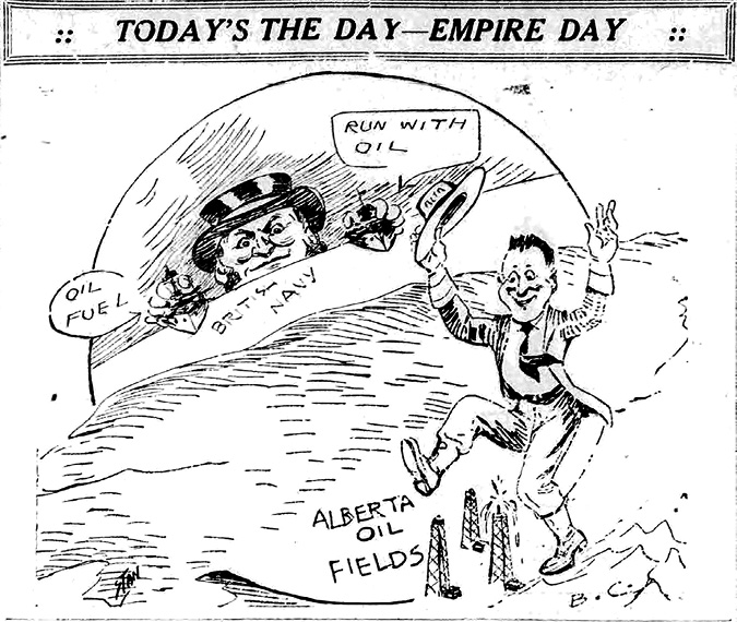Figure 0-3 “Today’s The Day.” Black and white reproduction of an editorial cartoon. On the horizon sits the figure of John Bull with two warships in his hands. One bubble appears over each ship. The bubble off of the ship in John Bull’s right hand says “Oil Fuel,” while the one in his left hand reads “Run with Oil.” In the foreground is a man dancing with his hat, labelled “Alta” for Alberta, over three oil derricks in the Alberta Oil Fields nestled up against the mountains next to land labelled B.C.