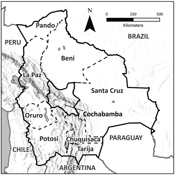 A map of Bolivia shows the borderlines of its five neighboring countries and nine internal departments.