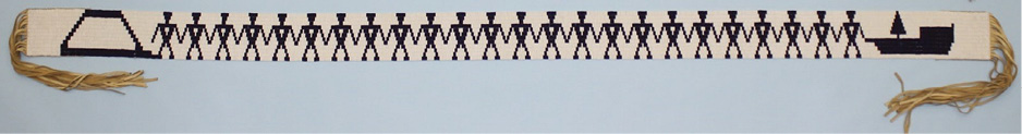 Colour illustration. A long thin Wampum belt with a cream background. 24 figures are depicted in purple, with white hearts and holding hands. They are connected on the left to a trapezoid, representing the land, and on the right to a boat.