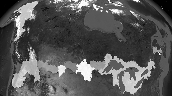 This map of Canada and the United States indicates all the shared border watersheds along the international boundary.