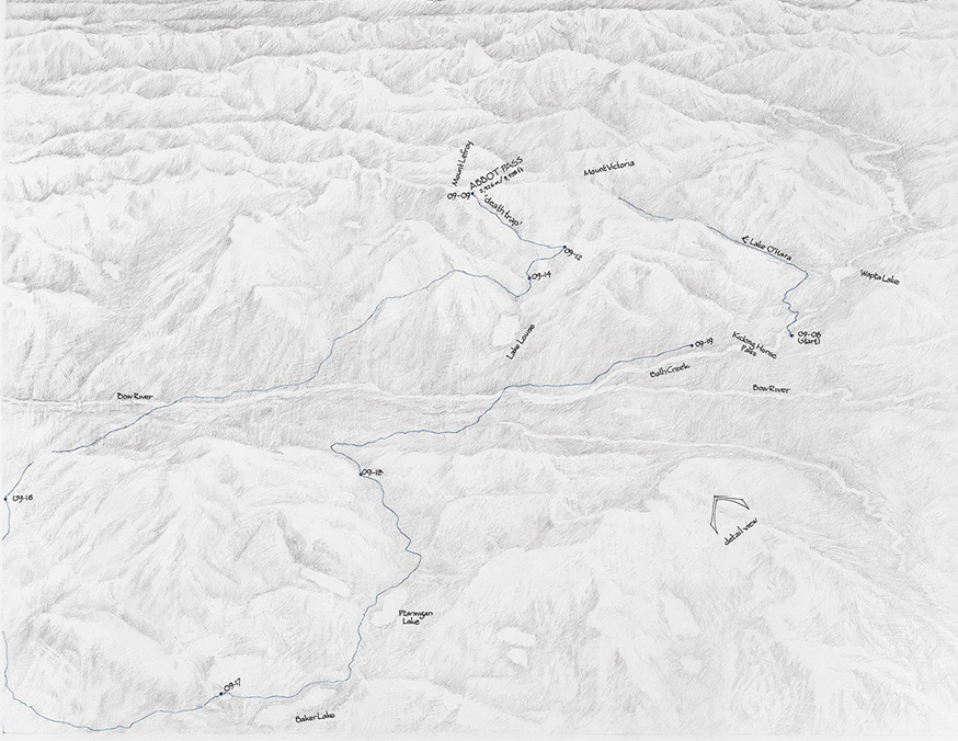 Hand-drawn map of Rocky Mountains in Canada with lines indicating travel route