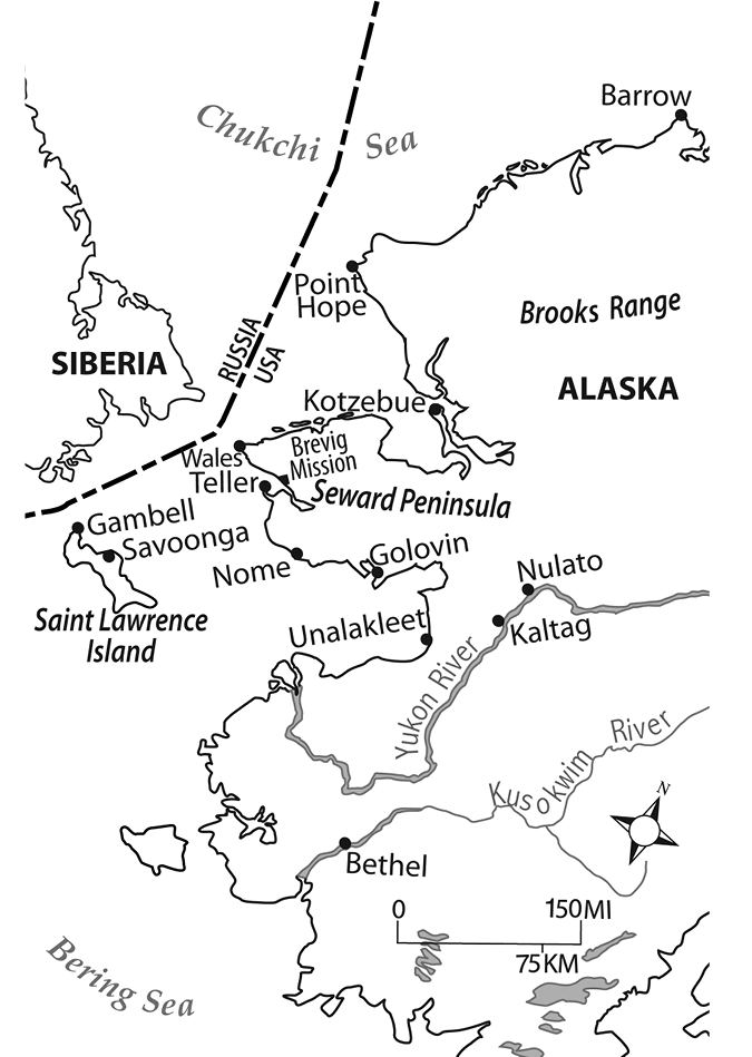 A black and white map of Northwest Alaska shows important geographic landmarks: the Bering Sea to the west, south of the Bering Strait, the Chukchi Sea to the north, Saint Lawrence Island in the Bering Sea south of the Bering Strait, the boundary line between the United States and Russia running through the Strait, Siberia to the West, the Brooks Range running east-west in northern Alaska. The Yukon River and the Kuskokwim River flow in loops westward to the Bering Sea. The Seward Peninsula lies north of the Yukon River delta, jutting into the Bering Strait. The map shows the locations of villages mentioned in the text: Bethel on the lower Kuskokwin River, Nulato and Kaltag on the lower Yukon River, Gambell and Savoonga on Saint Lawrence Island, and the coastal villages, beginning with Unakaleet, the southernmost, located northeast of the mouth of the Yukon River, Golovin and Nome on the south shore of the Seward Peninsula, Teller and Wales on its northeast coast, the Brevig mission on the north coast of the peninsula, then Kotzebue and Point Hope on the west coast of Alaska, on the Chuckchi Sea, and Barrow on a small peninsula extending off the northern coast. 
