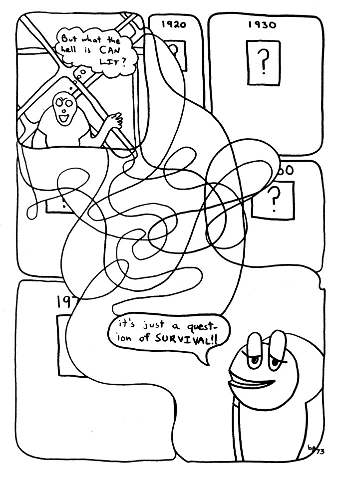 Black and white cartoon drawing: A comic-style visual poem.
