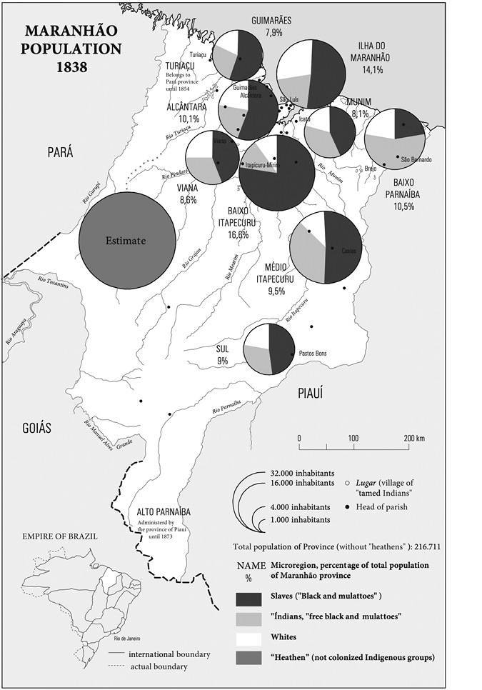 Black and white map. Map of Maranhão, showing population size and breakdown in 1838. A key shows the four categories of people: Slaves (“Blacks and mulattoes”), “Indians, “Free blacks and mulattoes”, Whites, and “Heathen” (not colonized Indiegnous groups). Pie graphs across the maps show the breakdown of these groups, and the greater size pie graphs show a greater population. Most microregions have a population that is mostly the first two categories, with Whites being a minority in all microregions. There is a large estimated “Heathen” population on the west of the map. 