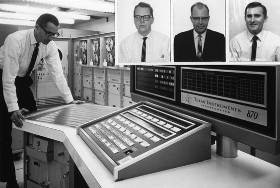 A photograph of a man in shirt and tie standing over a mid-century computer terminal for three-dimentional siesmic mapping. Banks of reel-to-reel machines are visible in the background, and three portrait photos are inset in the upper right corner of the image. Each portrait is of a man in shirt and tie; the middle man is wearing a blazer.