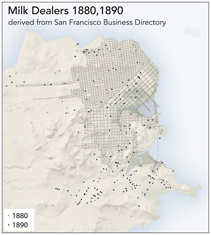 Topographic map of San Francisco overlaid with street grid and black dots