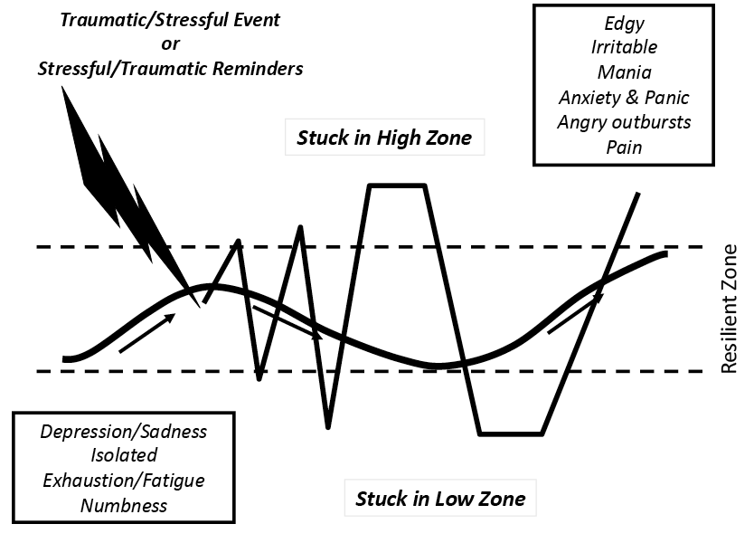 Black and white line graph showing the nervous system inside and outside the resilient zone. A flowing line shows fluctuations between the lines of the Resilient Zone. A lightning bolt labelled Traumatic/Stressful Event or Stressful/Traumatic Reminds strikes towards the start of the line, and a jagged line that fluctuates above and below the resilient lines flows from this, with extended plateaus both above and below labelled Stuck in High Zone and Stuck in Low Zone respectively. The Low Zone has a label associating it with Depression/Sadness, Isolated, Exhaustion/Fatigue, and Numbness. The High Zone has a label associating it with Edgy, Irritable, mania, Anxiety and Panic, Angry outbursts, and Pain.