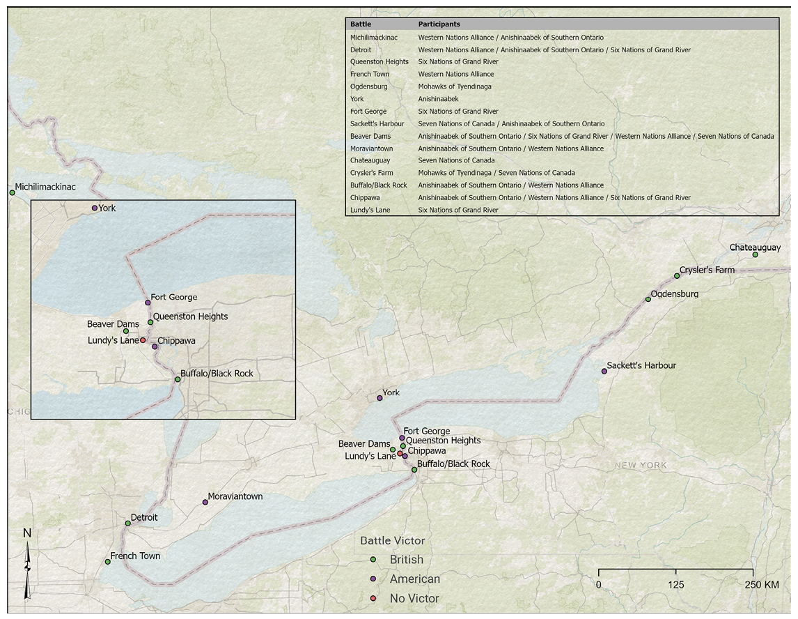 Colour map. Modern map of southern Ontario, with an inset box showing a detailed view of the Niagara Peninsula. The locations of battles are shown, with a colour code for the victors. The battles are concentrated around the Niagara Peninsula and the St Lawrence River. There is a list of battles and participants at the top right. 