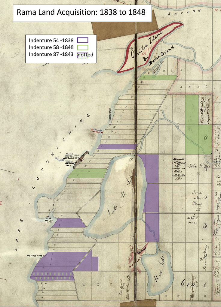 Colour map. Nineteenth century map of the Lake Couchiching area. Townships are shown, with thin lots running horizontally from the lakeshore on the left, and wider rectangular grid lots on the right. Several of both lots are coloured purple towards the bottom of the map, and green towards the top. There is a small outline at the top outlined in red. A legend and title are superimposed at the top left of the map.