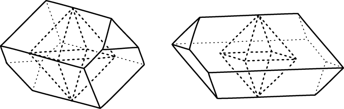 Regular octahedra are shown embedded within irregular figures whose faces are parallel to those of the octahedra.