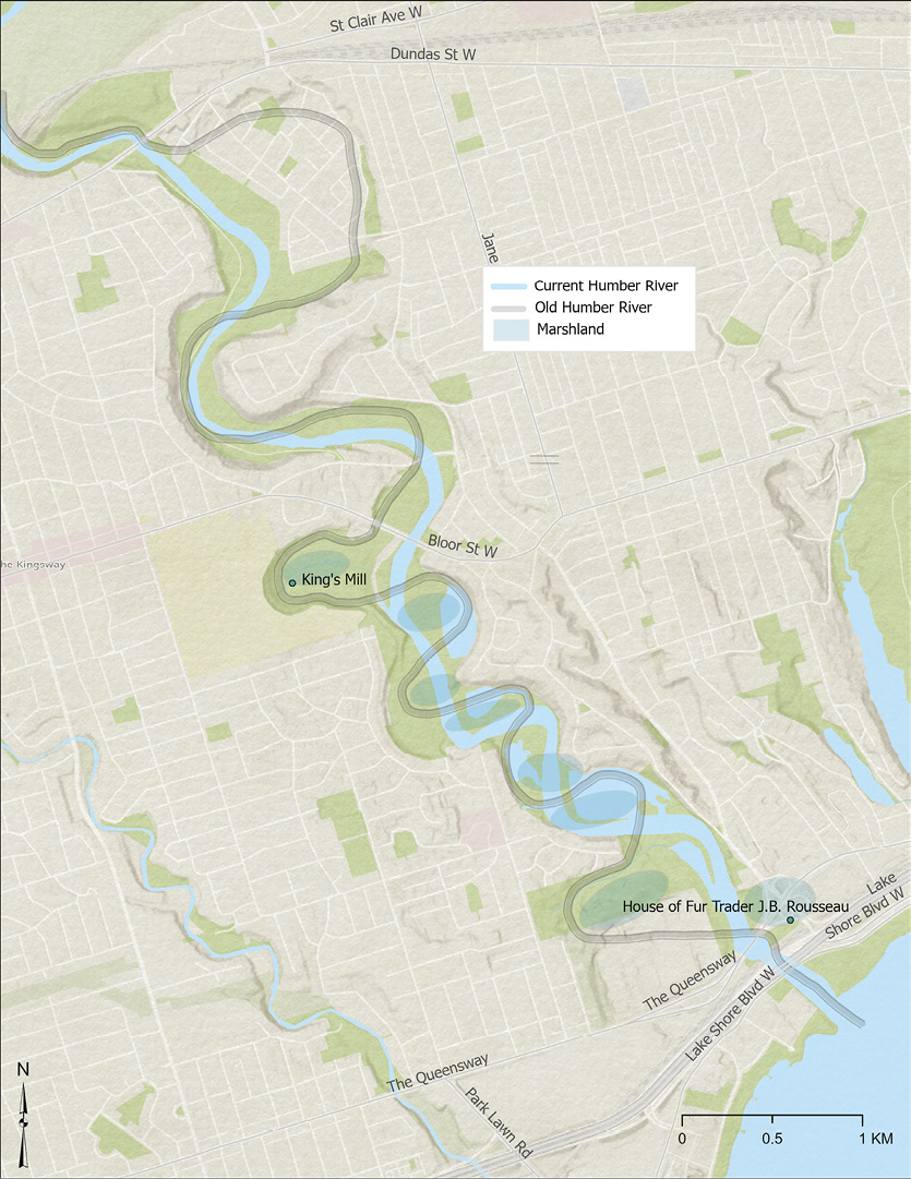 Colour map. Modern map of the Humber River, showing its current course in blue. The course of the old Humber River is layered over this in grey, and has wider curves and bends. The historic King’s Mill and the house of fur trader J.B. Rousseau are shown along the banks of the old river.