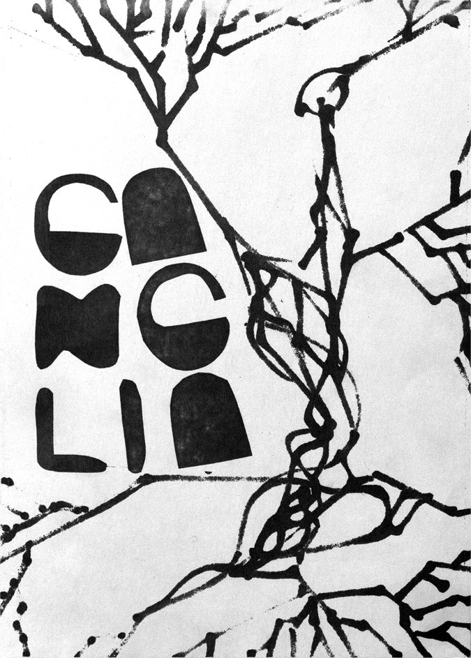 Black and white page scan: Front cover of the first issue of Ganglia magazine, featuring the word “ganglia” in a thick hand lettering resembling a printing font, surrounded by abstract lines.