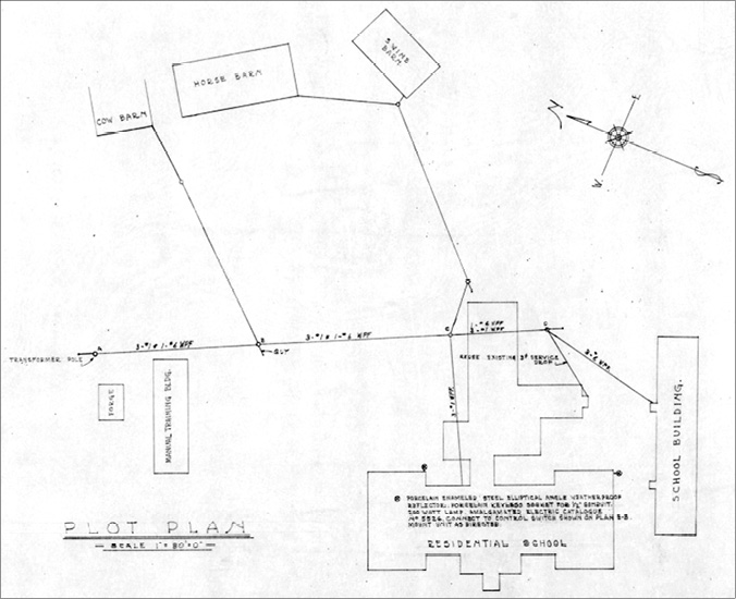 Black and white photograph of school plot plan: Hand-drawn plan of the aerial view of the Mohawk Institute in the 1940s.  The main residential school building is shaped like an upside-down T, with another large building to the right titled “School Building.”  There are two outbuildings to the left of the school, and to the rear there are cow, horse, and swine barns.