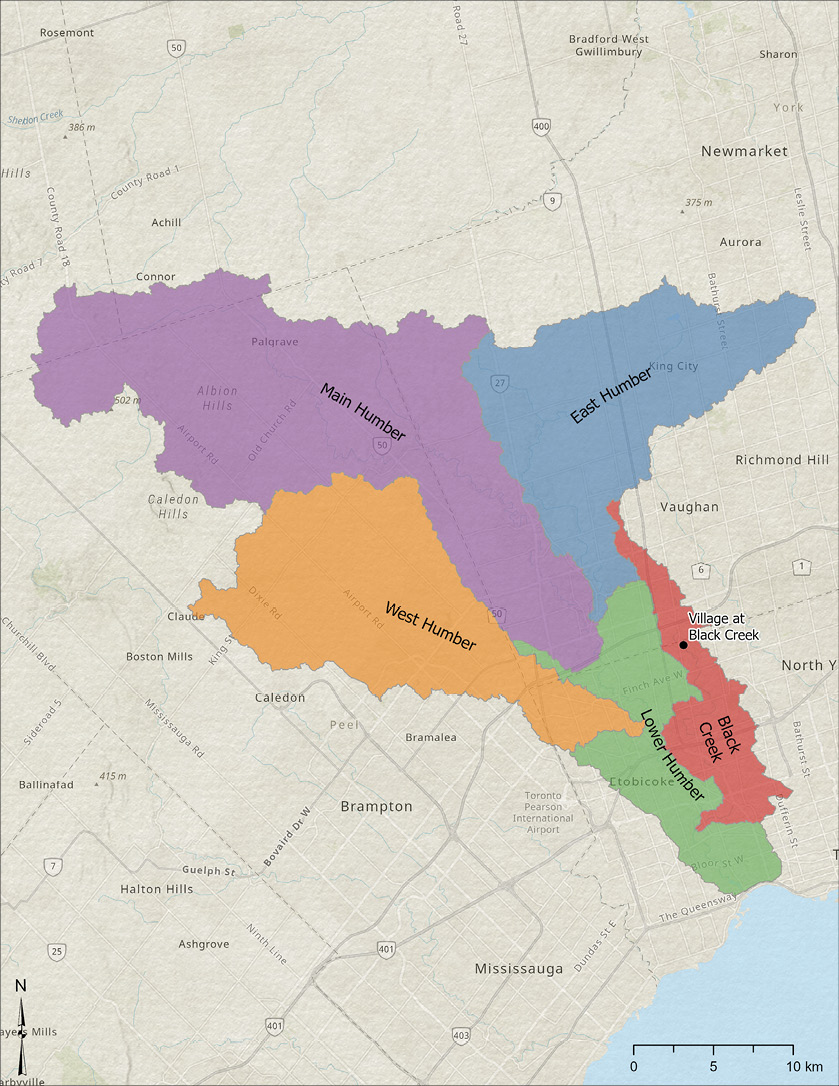 Colour map. Map of the Toronto region showing the Humber and Black Creek watersheds and sub watersheds highlighted in different colours. The watersheds fan out over large areas to the north of Lake Ontario but narrow and converge into the Lower Humber watershed closest to the lake.