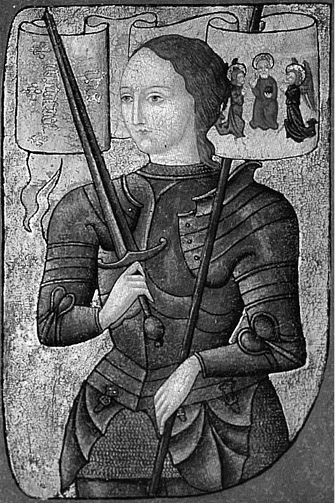 Medieval portrait. A woman wearing plate armour is holding a sword over her shoulder in her right hand, and a banner over her shoulder in her left hand. The banner is swirling behind her head, and has an image of three angels with halos on it.