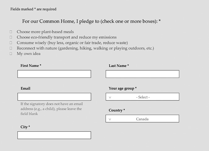 Black and white screen shot: “For Our Common Home” online pledge form.
