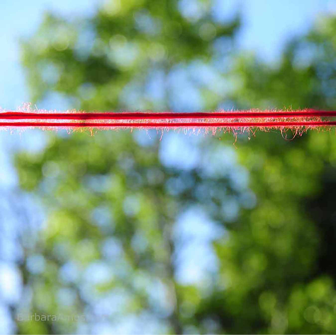 Two piece of red wool are stretched close together but not touching across the landscape format of the view. The background is light, glistening and bright.