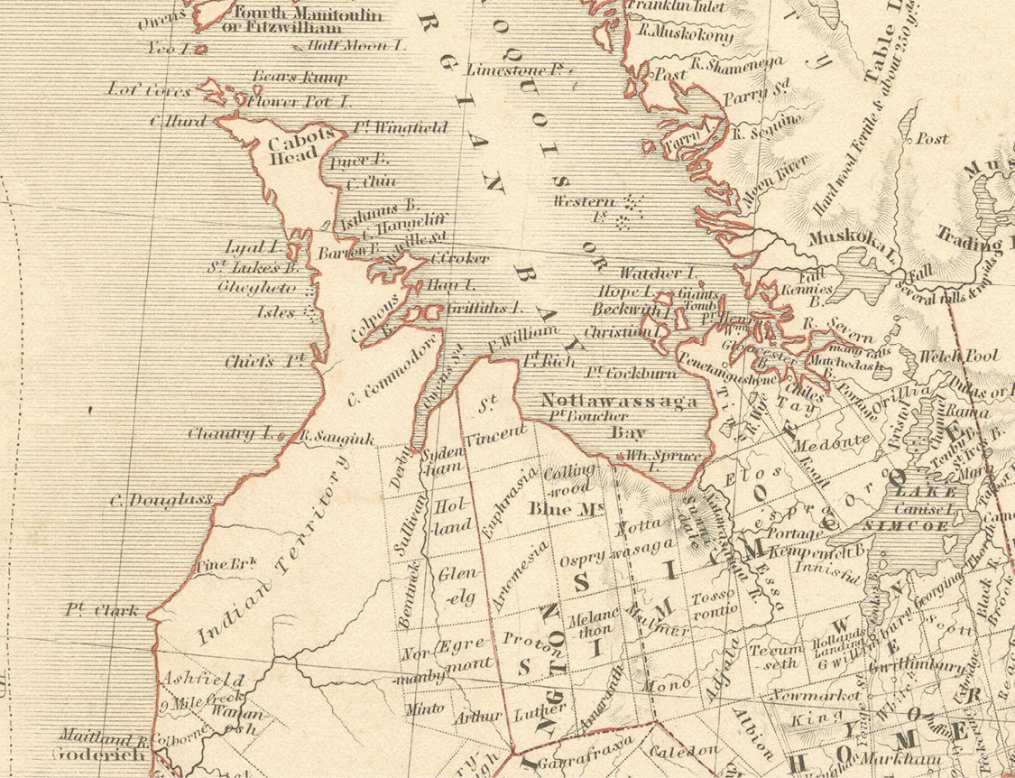 Black and sepia map. Nineteenth century map of land to the south and east of Georgian Bay. Land parcels are indicated with a grid of squares on the right side, while land labelled “Indian Territory” extends to the right up to the eastern shoreline of the lake.