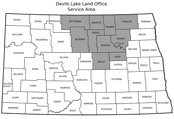 A black and white map of North Dakota showing the counties of the state. The counties in the Devils Lake Service Area are shaded gray. Of eight counties that abut the 49th Paralell, the fourth, fifth, sixth, and seventh from the left are in the Service Area: Bottineau, Rollette, Towner, and Cavalier. There are eight counties in the next tier of counties to the south. Again, the fourth through seventh from the left are in the Service Area: McHenry, Pierce, Benson, and Ramsey. The town of Devils Lake is in the south central part of Ramsey County. Wells and Eddy counties, the final two in the Service Area, are south of Pierce and Benson counties. 