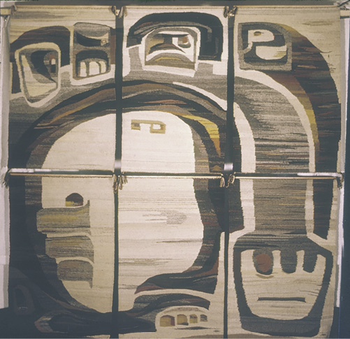Photo: six panels forming an image of founded shaped in grey, white, black and a little yellow.