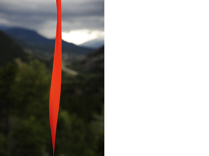 A portrait-formatted image of a wavy thin red piece of survey tape stretched from the top to the the bottom of the view, with faded green hills in background.