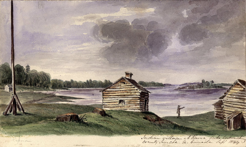 Colour painting. Two wooden cabins on a lakeshore. There is a man walking between the cabins. A large pole is standing to their left, and there are more cabins and forest in the distance. Smoke is rising from the chimneys of the cabins.