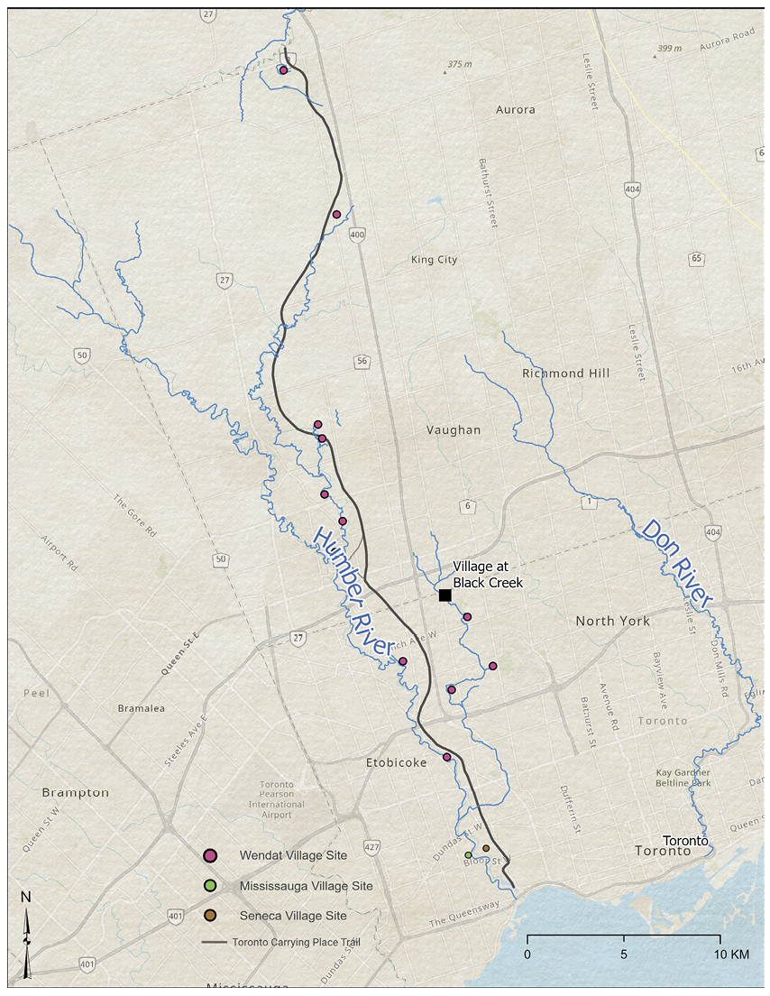 Colour map. Map of the Toronto region, showing the Humber River, Don River, and Toronto Carrying Place Trail. Several historic Wendat, Seneca, and Mississauga villages are shown along the length of the Humber River and along Black Creek. The location of the present-day heritage site, The Village at Black Creek, is shown on Black Creek.