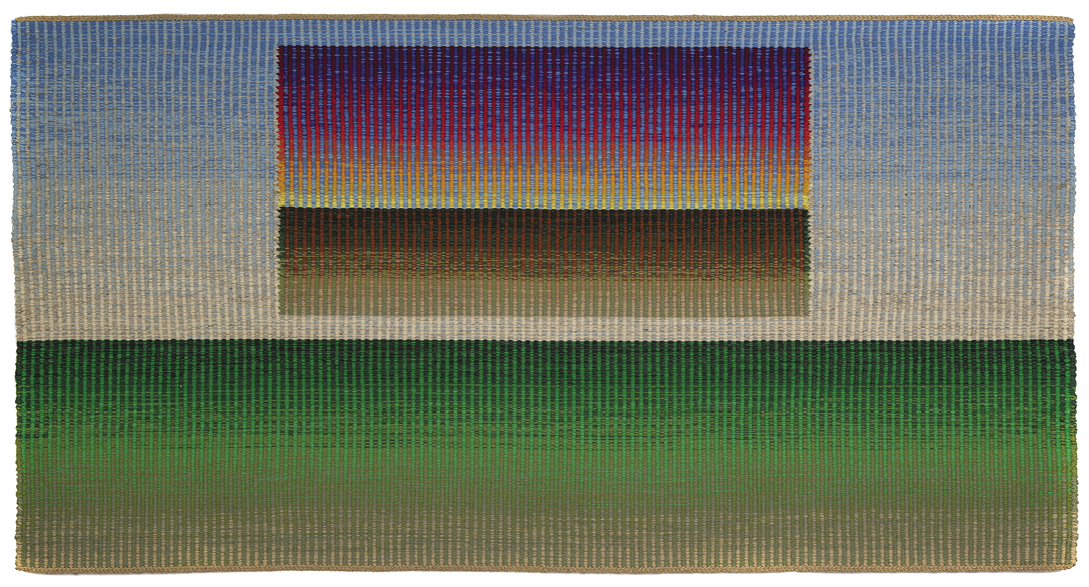 Photo: a series of dozens of vertical lines forming a horizontal picture with the top two-thirds blue, the bottom third green and brown, and two rectangles in the “sky” that are purple and brown.