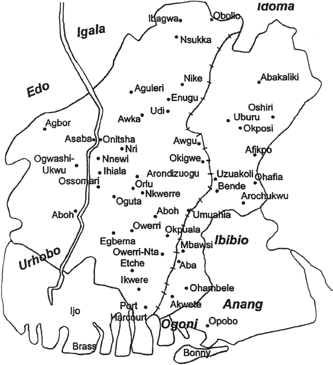 A map of Igboland. Edo, Igala, and Idoma are seen in the North, while Urhoba, Ogoni, Anang and Ibibio are seen in the south.