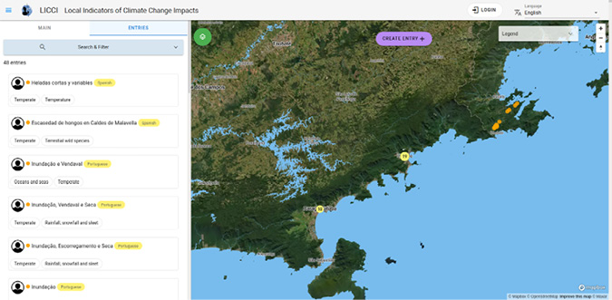 Colour map: OpenTEK map shows LICCI indicators of climate change impacts on the research sites.