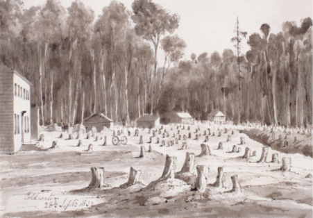 Black and white drawing. A cleared patch of forest, with many tree stumps. There are several wooden buildings in the background and to the side. Behind these buildings there is a dense forest.