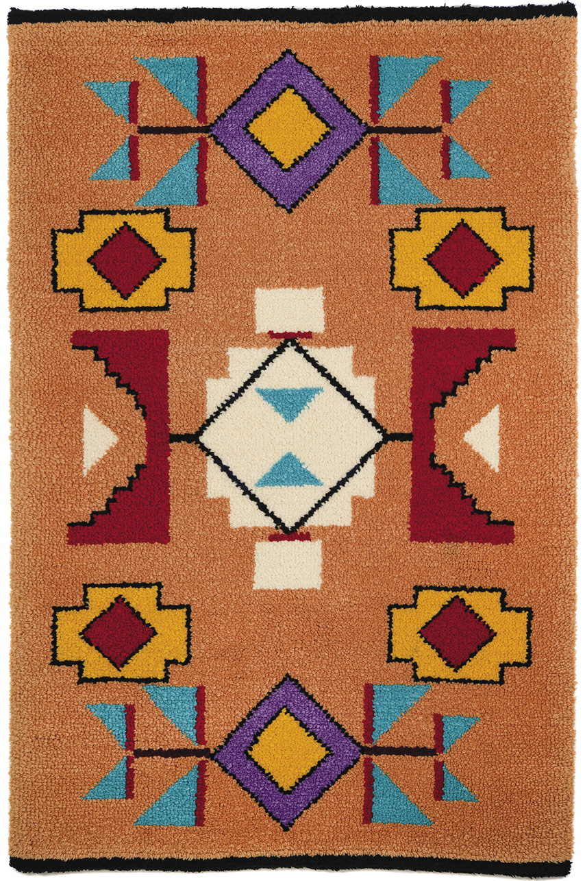 An orange rug with turquoise, purple, light orange, red, and white geometric decoration in a pattern. 