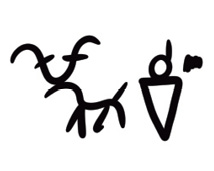 Black and white line drawing: A deer stands next to a person with a small feather on their head.