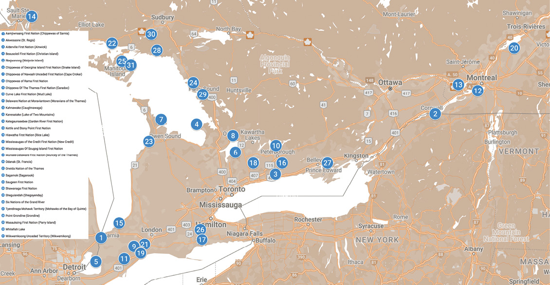 Colour map. Map of Ontario and eastern Quebec showing major roads and cities. Thirty blue dots across Ontario and east to Montreal and Lac St. Pierre southwest of Trois Rivières show the communities that participated in the Grand Central Council. They are distributed across southern Ontario, east along the St Lawrence River, and along the shores of Georgian Bay to Manitoulin Island and Sault Ste Marie.