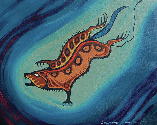 Colour painting. Woodlands style painting of a muskrat. A muskrat plunges into water, with a small string tied to his back left foot. The muskrat has a variety of shapes and designs painted into his body. The blue of the water darkens as it radiates out from the muskrat.