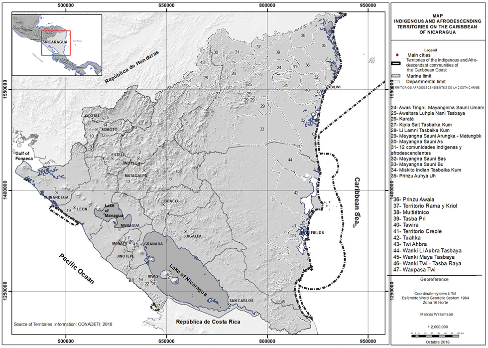Black and white map: A map shows that Indigenous and Afro-descendant territories are found in the north and north east of Nicaragua, bordering the Caribbean Sea to the east, and Honduras to the north.