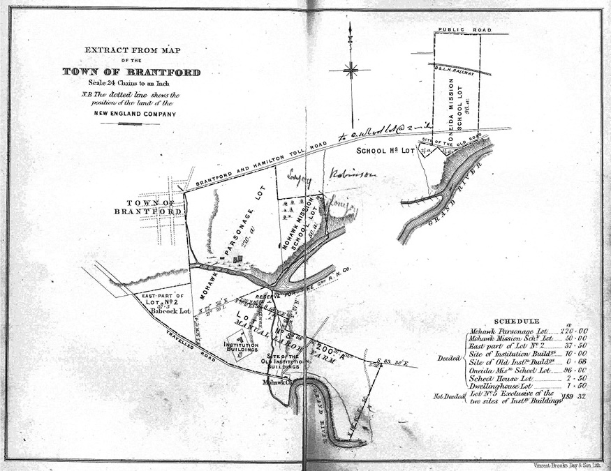 Black and white photograph of a map: Hand-drawn map showing an excerpt of a larger map of Brantford, Ontario.  The map shows the location of the school building in the 1850s and school farmlands. To the left of the map is the Town of Brantford, and Six Nations’ day schools are also shown on the map.