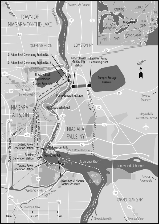 A map of the Niagara Falls area depiction both the American and Canadian sides of the river. While roadways and municipal jurisdictions are labelled, the most prominent feature of the map is the hydroelectric infrastructure, most of which is situated north of the falls in the upper half of the map.