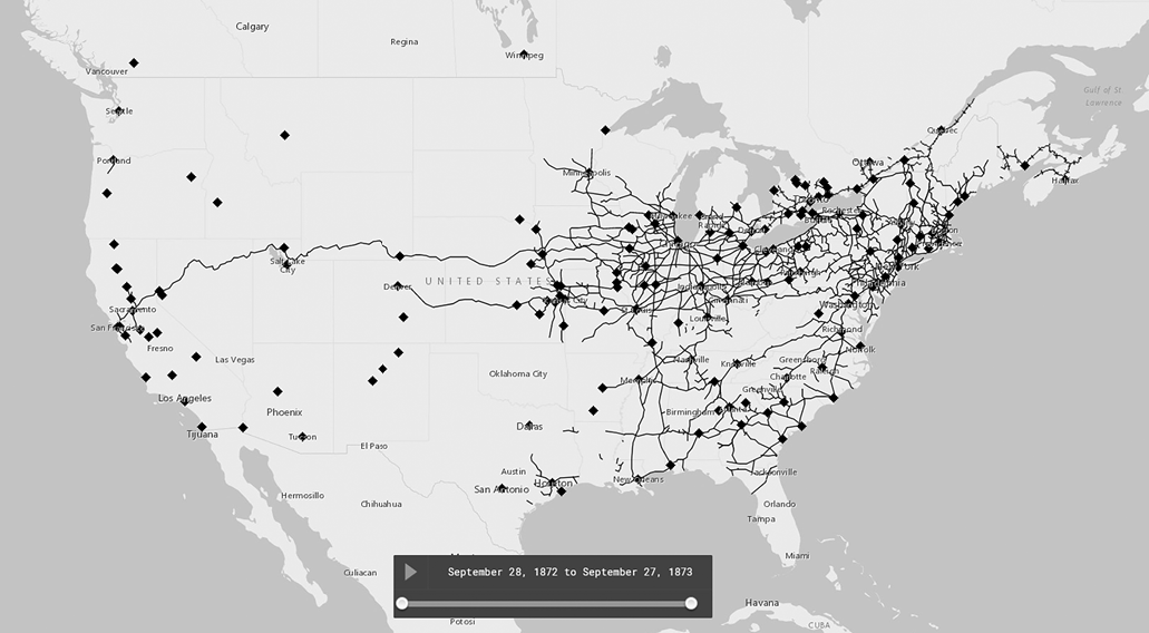 Map of Canada and US with black dots and lines