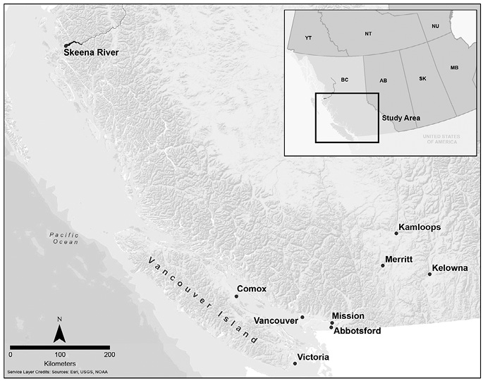 Black and white map: A relief map of southern British Columbia highlighting major locations.