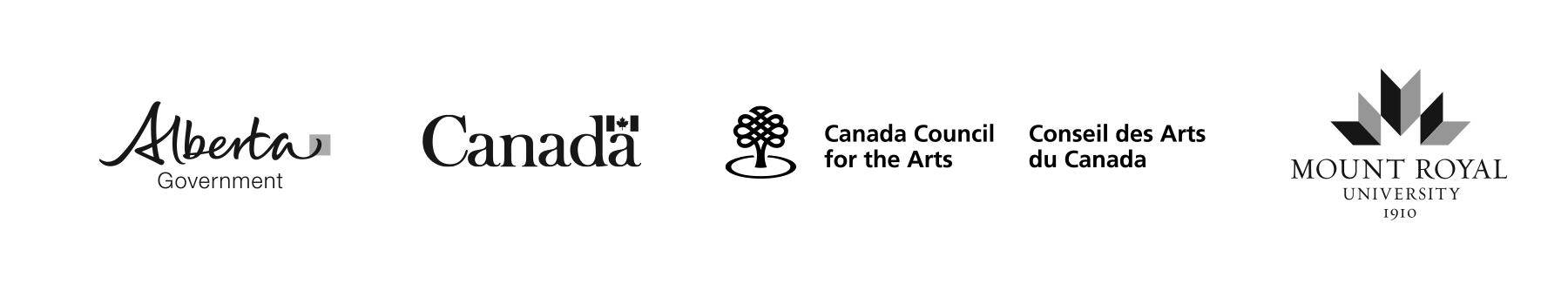 logo: Alberta Government. logo: Office of the Government of Canada. logo: Canada Council for the Arts. logo: Conseil des Arts du Canada. logo: Mount Royal University 1910.