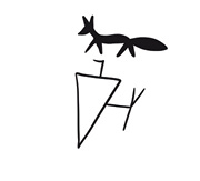 Black and white line drawing: Black wolf above an inverted triangle, with an arm coming out of the top and right hand sides.